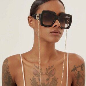 Gucci GG1022S 005 Sunglasses Black Square Frame, Brown with Gold Chain Lenses
